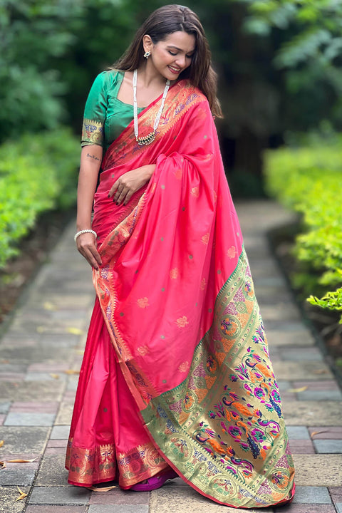 VastraLakshmi Tempting Pink Paithani Silk Saree With Felicitous Blouse Piece