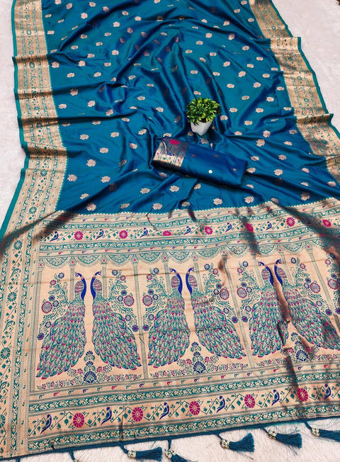 VastraLakshmi Redolent Blue Paithani Silk Saree With Eloquence Blouse Piece