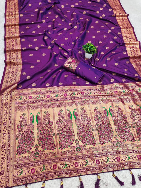 VastraLakshmi Sumptuous Purple Paithani Silk Saree With Magnetic Blouse Piece