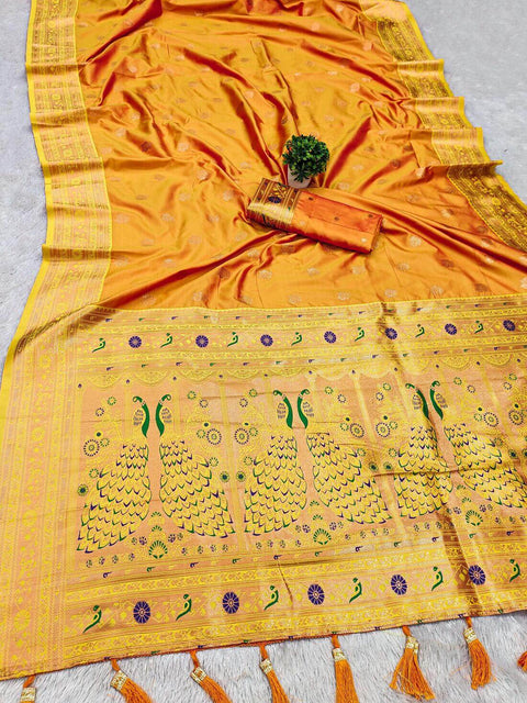 VastraLakshmi Whimsical Yellow Paithani Silk Saree With Pulsating Blouse Piece