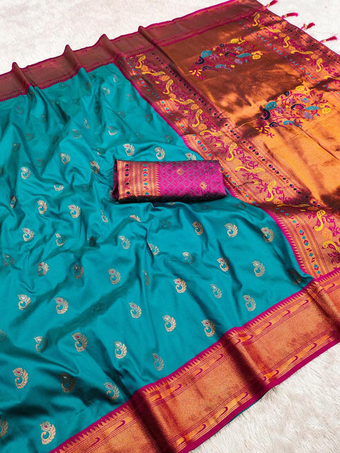 VastraLakshmi Gorgeous Firozi Paithani Silk Saree With Mesmerising Blouse Piece