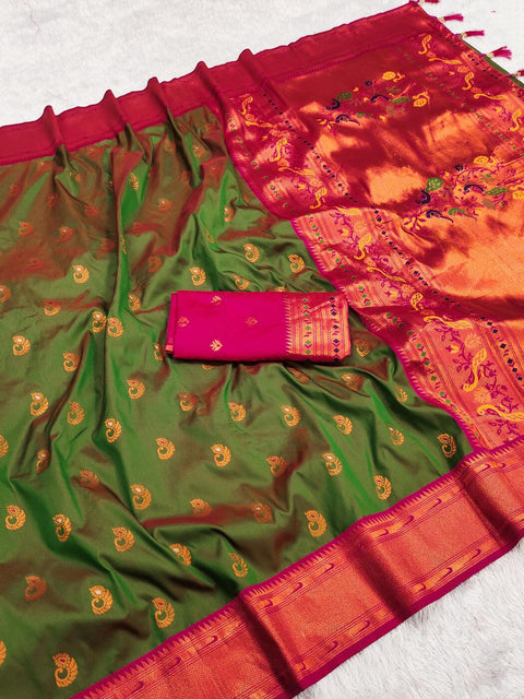 VastraLakshmi Skinny Mehndi Paithani Silk Saree With Adorning Blouse Piece