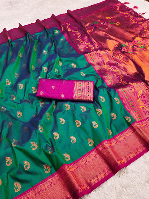 VastraLakshmi Engrossing Rama Paithani Silk Saree With Arresting Blouse Piece