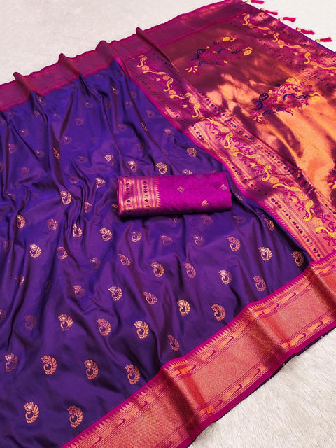 VastraLakshmi Flamboyant Royal Purple Paithani Silk Saree With Twirling Blouse Piece