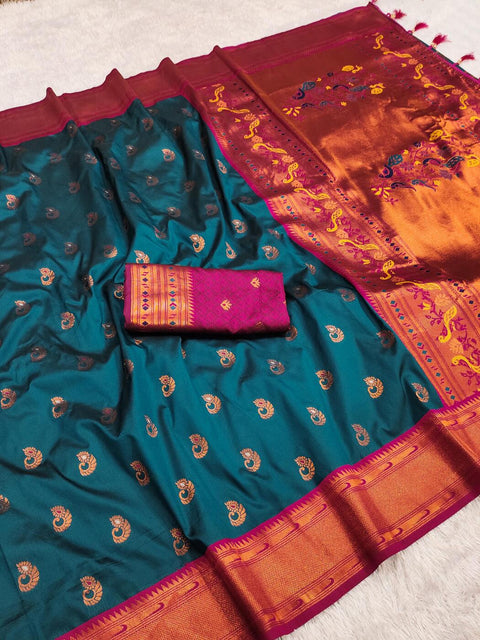 VastraLakshmi Angelic Teal Blue Paithani Silk Saree With Beauteous Blouse Piece