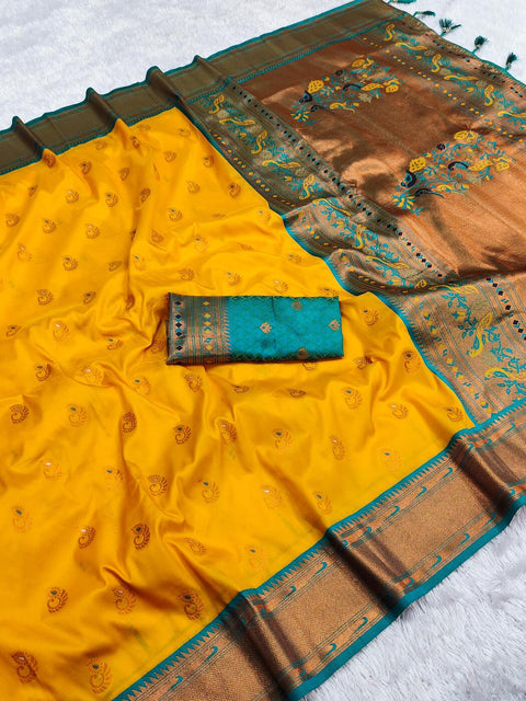 VastraLakshmi Beleaguer Yellow Paithani Silk Saree With Chatoyant Blouse Piece