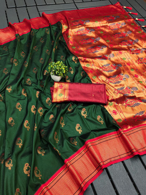 VastraLakshmi Mesmeric Dark Green Paithani Silk Saree With Adoring Blouse Piece