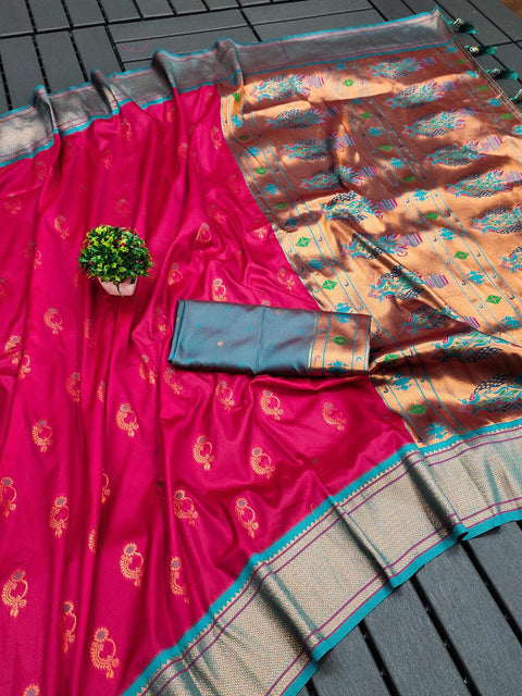 VastraLakshmi Comely Dark Pink Paithani Silk Saree With Assemblage Blouse Piece