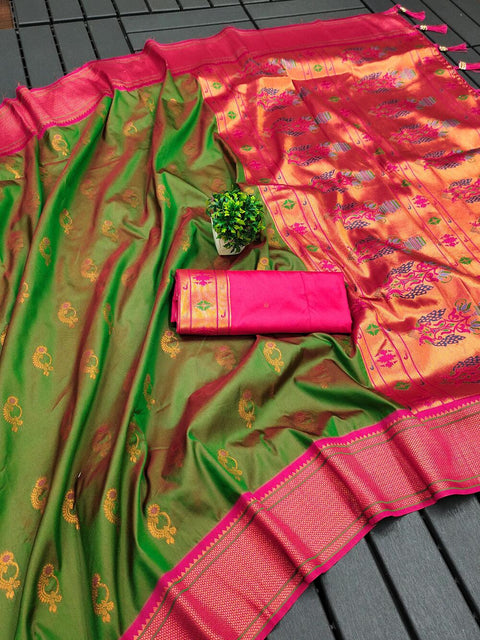 VastraLakshmi Murmurous Mehndi Paithani Silk Saree With Pleasurable Blouse Piece