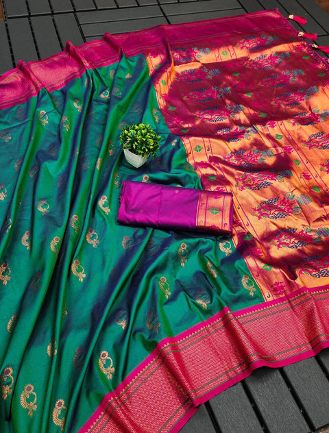 VastraLakshmi Whimsical Rama Paithani Silk Saree With Alluring Blouse Piece