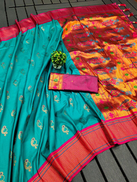 VastraLakshmi Inimitable Turquoise Paithani Silk Saree With Vibrant Blouse Piece