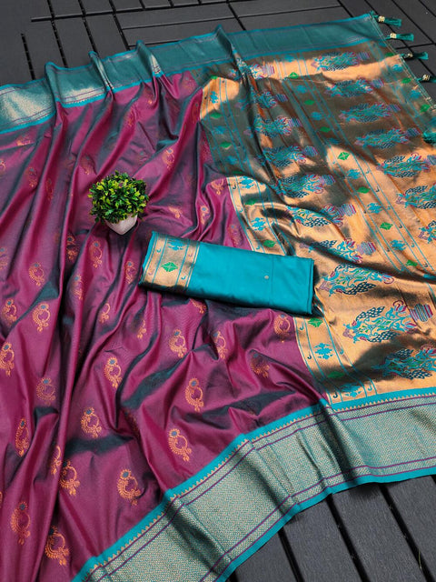 VastraLakshmi Seraphic Wine Paithani Silk Saree With Glamorous Blouse Piece