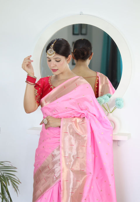 VastraLakshmi Energetic Baby Pink Paithani Silk Saree With Unique Blouse Piece