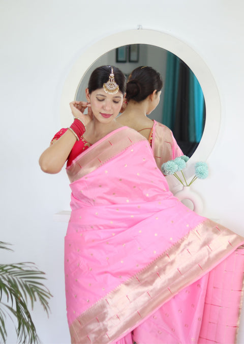 VastraLakshmi Energetic Baby Pink Paithani Silk Saree With Unique Blouse Piece