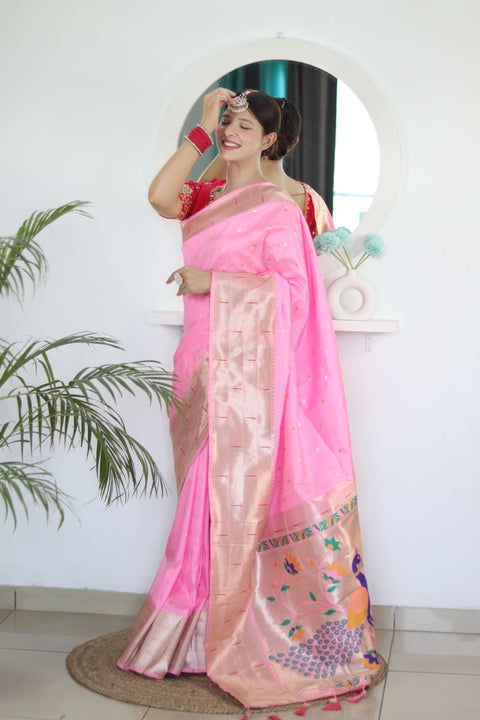 VastraLakshmi Energetic Baby Pink Paithani Silk Saree With Unique Blouse Piece