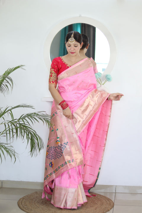 VastraLakshmi Energetic Baby Pink Paithani Silk Saree With Unique Blouse Piece