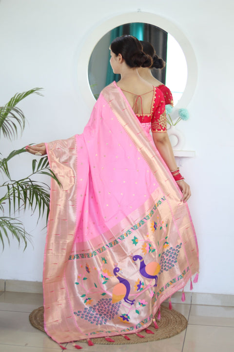 VastraLakshmi Energetic Baby Pink Paithani Silk Saree With Unique Blouse Piece