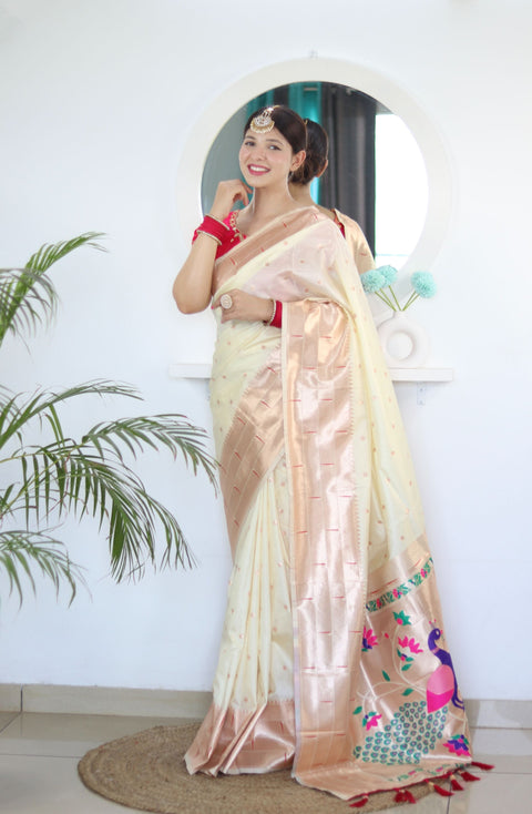 VastraLakshmi Sizzling Beige Paithani Silk Saree With Girlish Blouse Piece