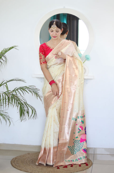 VastraLakshmi Sizzling Beige Paithani Silk Saree With Girlish Blouse Piece