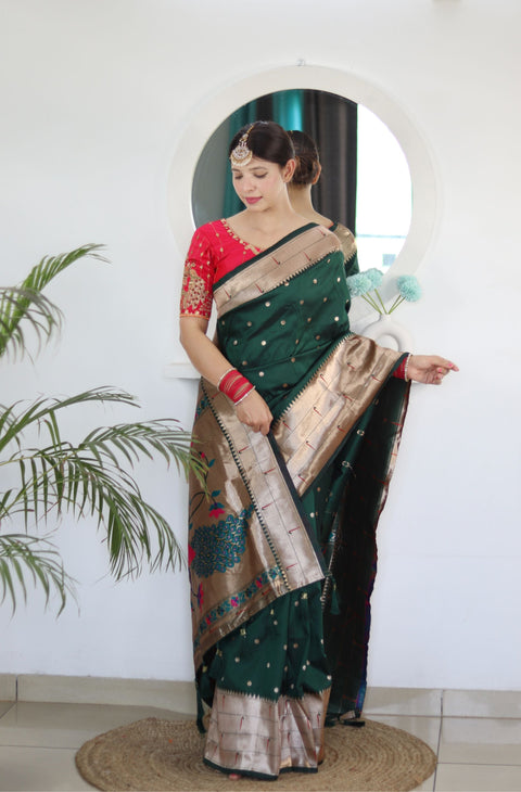 VastraLakshmi Breathtaking Dark Green Paithani Silk Saree With Majesty Blouse Piece