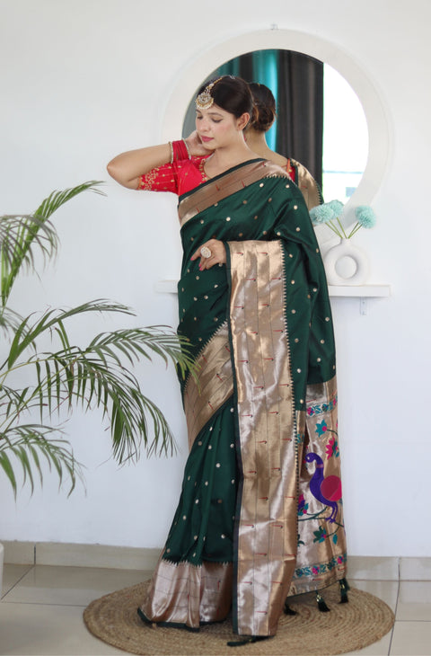 VastraLakshmi Breathtaking Dark Green Paithani Silk Saree With Majesty Blouse Piece