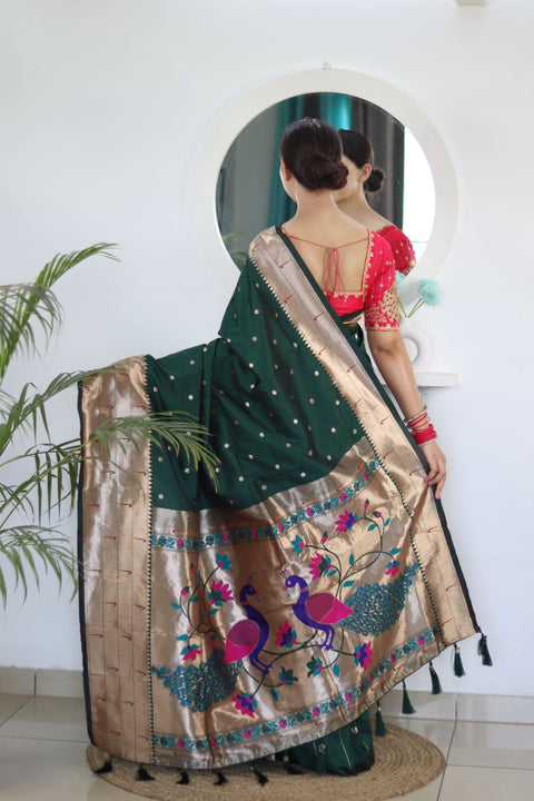 VastraLakshmi Breathtaking Dark Green Paithani Silk Saree With Majesty Blouse Piece