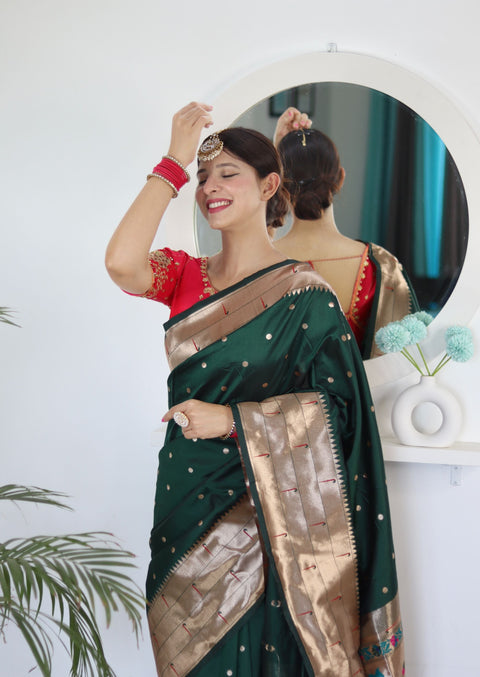 VastraLakshmi Breathtaking Dark Green Paithani Silk Saree With Majesty Blouse Piece