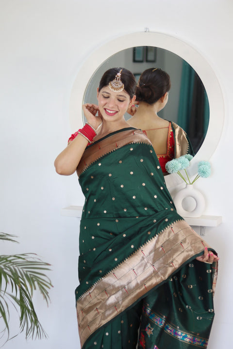 VastraLakshmi Breathtaking Dark Green Paithani Silk Saree With Majesty Blouse Piece