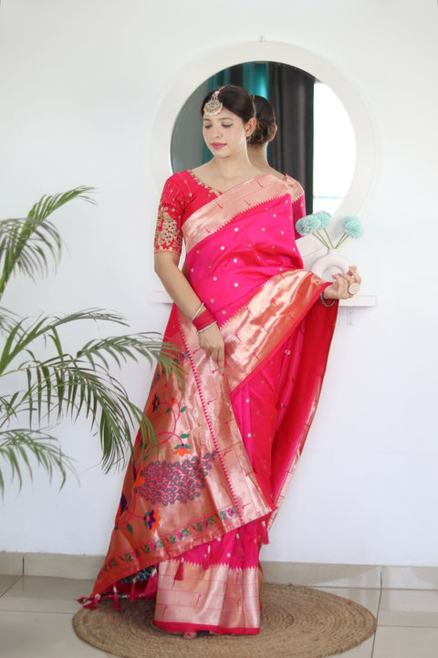 VastraLakshmi Twirling Dark Pink Paithani Silk Saree With Jazzy Blouse Piece