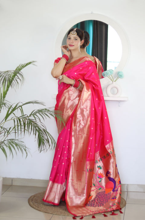 VastraLakshmi Twirling Dark Pink Paithani Silk Saree With Jazzy Blouse Piece