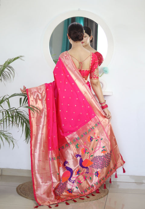 VastraLakshmi Twirling Dark Pink Paithani Silk Saree With Jazzy Blouse Piece