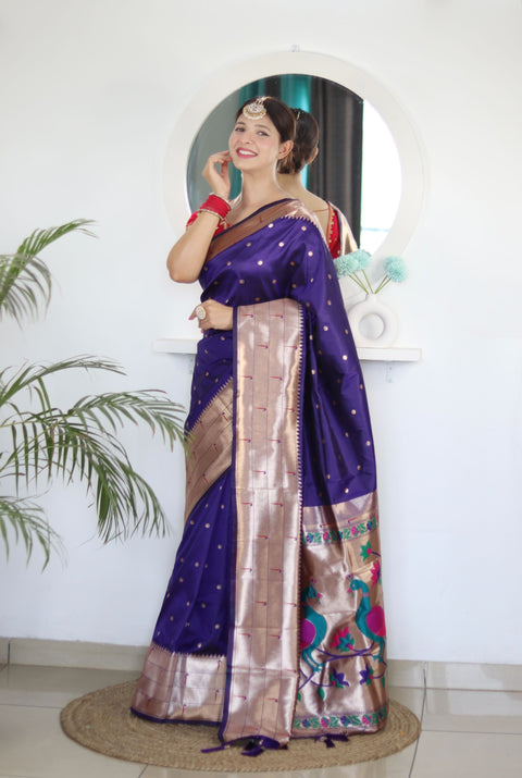 VastraLakshmi Deserving Navy Blue Paithani Silk Saree With Appealing Blouse Piece