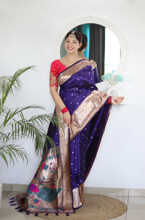 VastraLakshmi Deserving Navy Blue Paithani Silk Saree With Appealing Blouse Piece