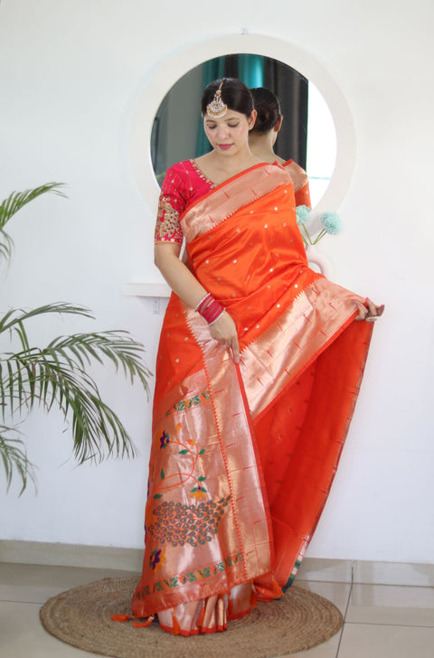 VastraLakshmi Charming Orange Paithani Silk Saree With Captivating Blouse Piece