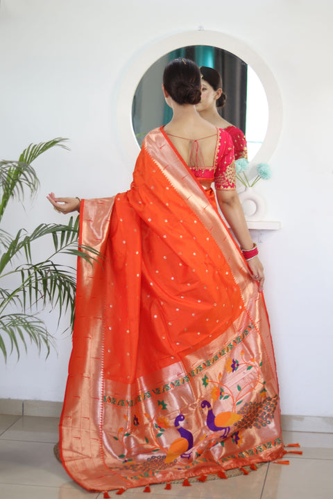 VastraLakshmi Charming Orange Paithani Silk Saree With Captivating Blouse Piece