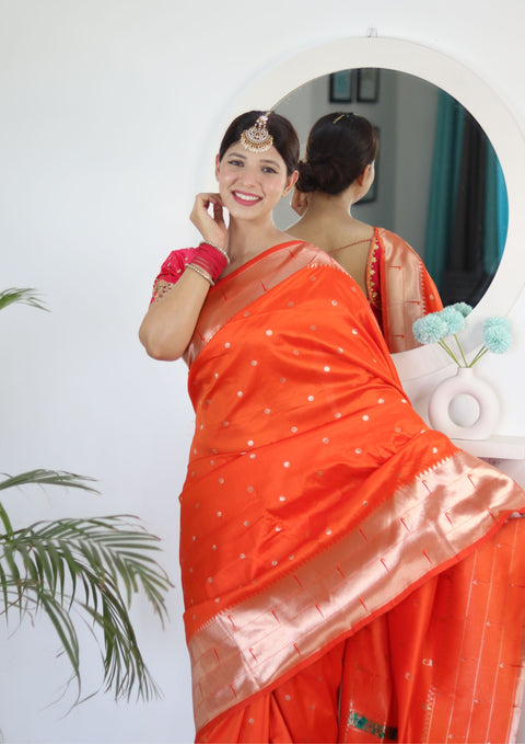 VastraLakshmi Charming Orange Paithani Silk Saree With Captivating Blouse Piece