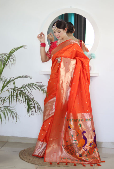 VastraLakshmi Charming Orange Paithani Silk Saree With Captivating Blouse Piece