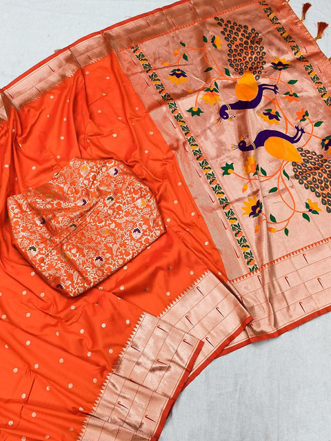 VastraLakshmi Charming Orange Paithani Silk Saree With Captivating Blouse Piece