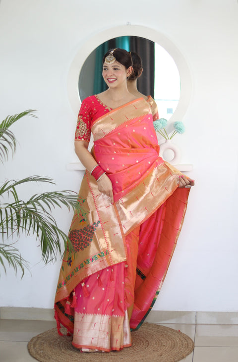 VastraLakshmi Flameboyant Peach Paithani Silk Saree With Fairytale Blouse Piece