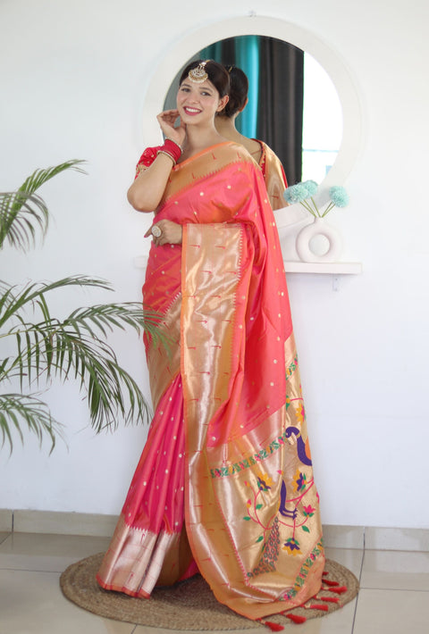 VastraLakshmi Flameboyant Peach Paithani Silk Saree With Fairytale Blouse Piece