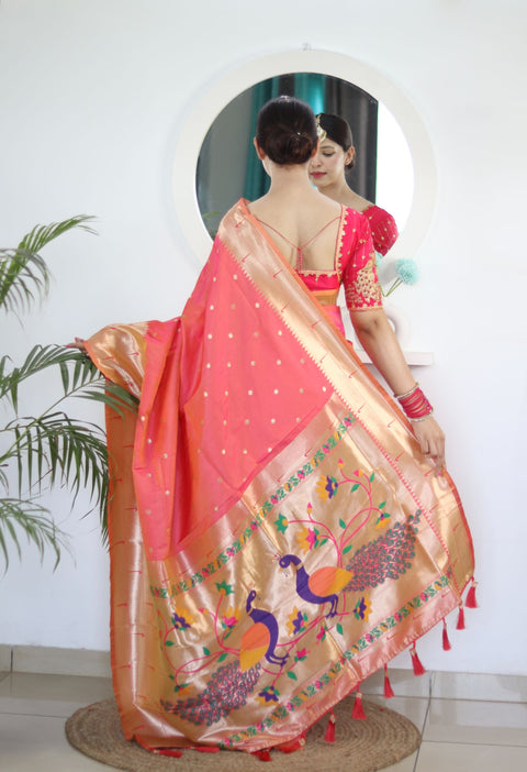 VastraLakshmi Flameboyant Peach Paithani Silk Saree With Fairytale Blouse Piece