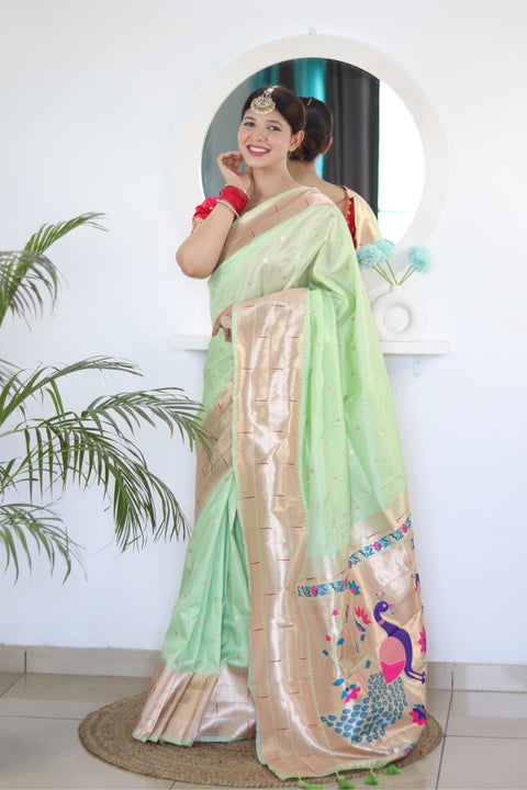 VastraLakshmi Prominent Pista Paithani Silk Saree With Radiant Blouse Piece