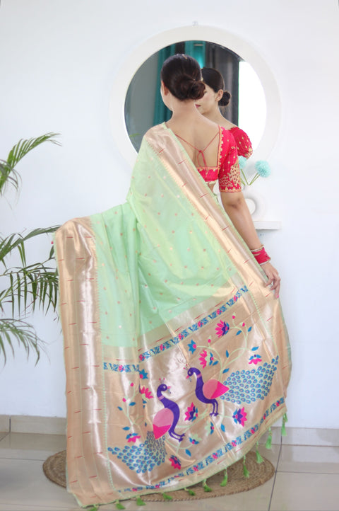 VastraLakshmi Prominent Pista Paithani Silk Saree With Radiant Blouse Piece