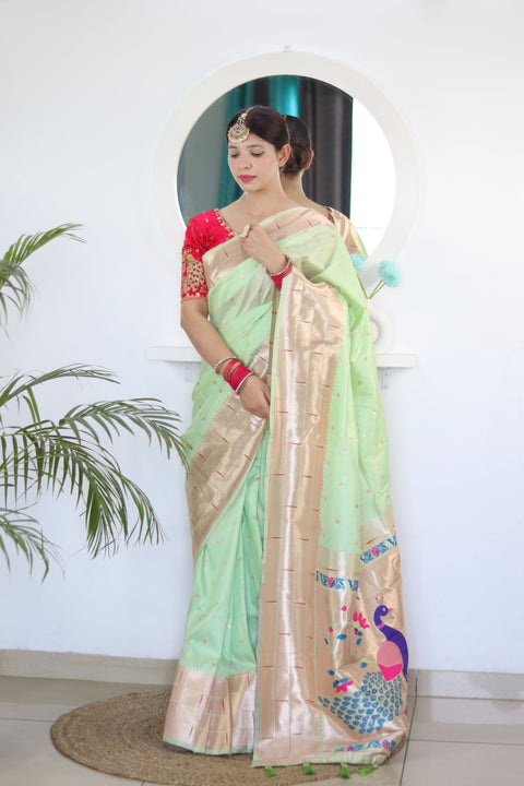 VastraLakshmi Prominent Pista Paithani Silk Saree With Radiant Blouse Piece