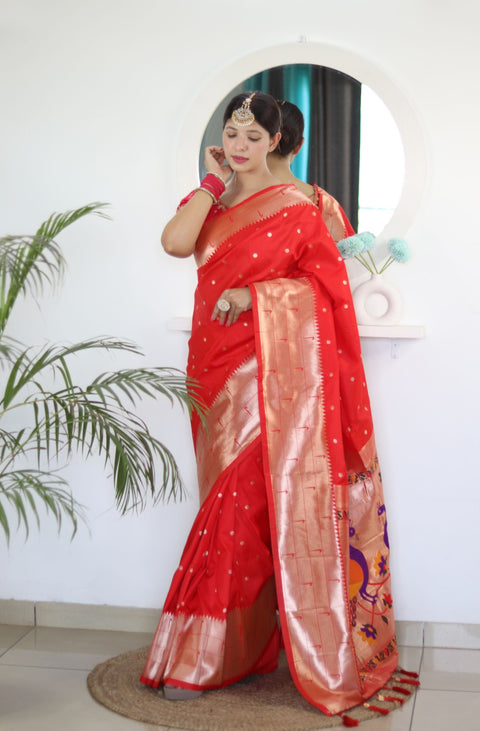 VastraLakshmi Appealing Red Paithani Silk Saree With Impressive Blouse Piece