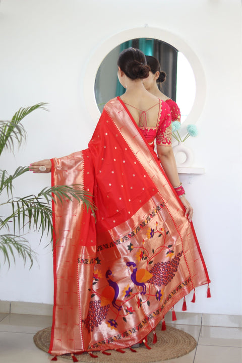 VastraLakshmi Appealing Red Paithani Silk Saree With Impressive Blouse Piece