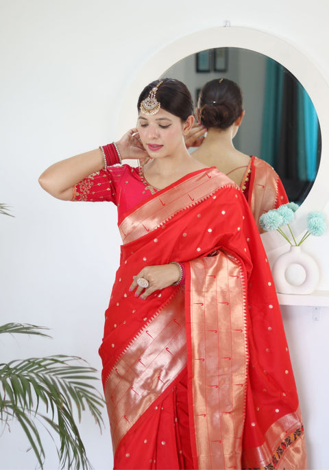 VastraLakshmi Appealing Red Paithani Silk Saree With Impressive Blouse Piece