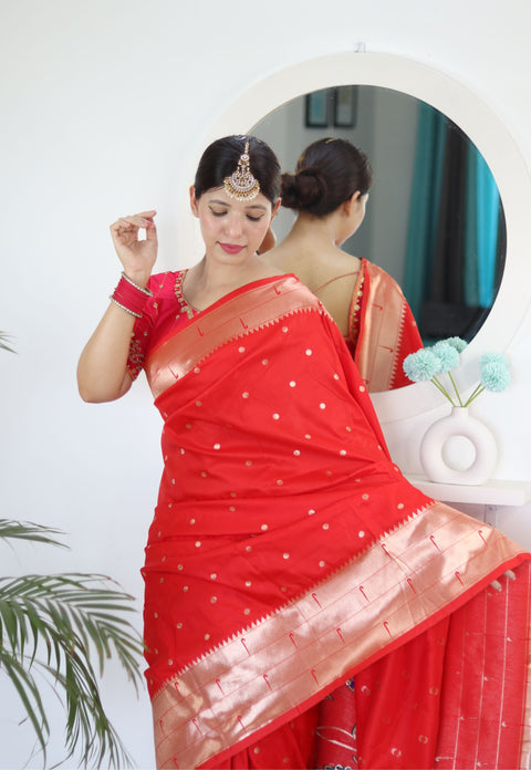 VastraLakshmi Appealing Red Paithani Silk Saree With Impressive Blouse Piece