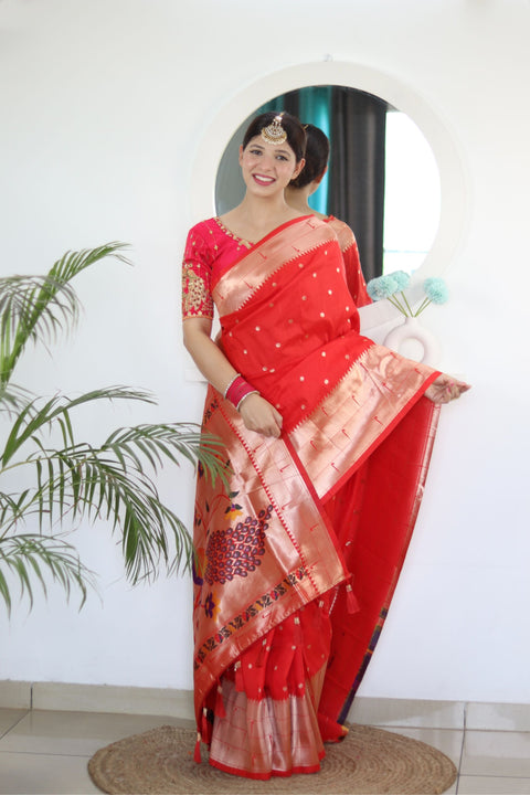 VastraLakshmi Appealing Red Paithani Silk Saree With Impressive Blouse Piece