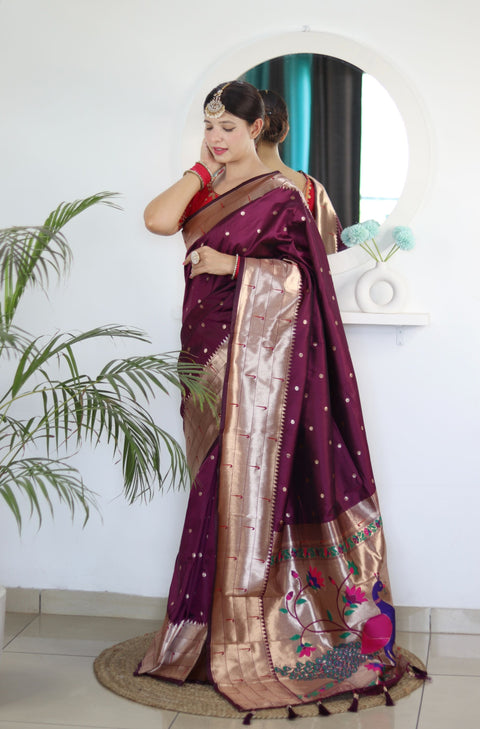 VastraLakshmi Invaluable Wine Paithani Silk Saree With Mesmerising Blouse Piece